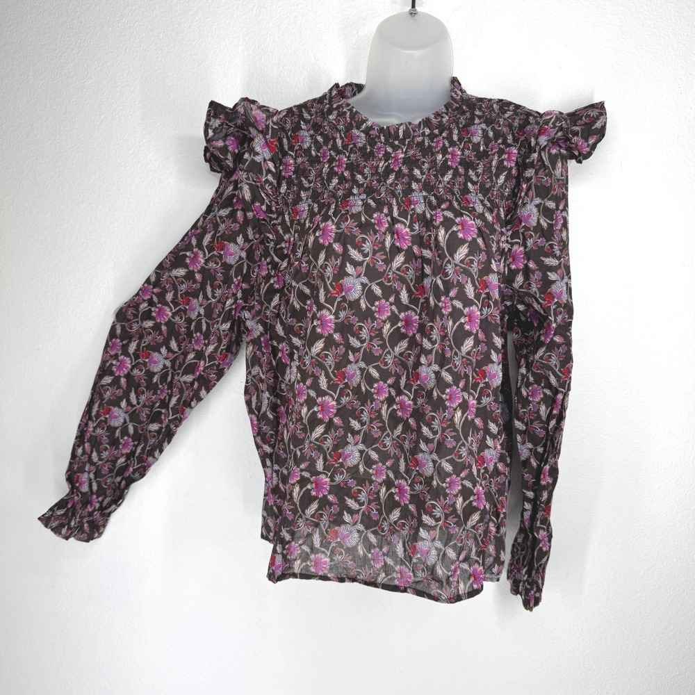 Gap Womens Brown Floral Smocked Ruffle Shoulder Cotton Blouse Top Size M